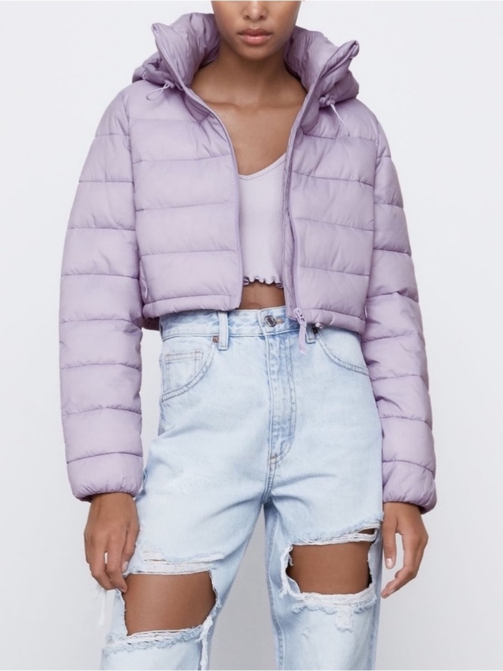 Zara Jacket Womens Extra Small Lavender Water Repellent Cropped Puffer Hooded